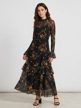 SHEIN Floral Mesh Long-Sleeve Ruffle Maxi Dress M 17” + p2p Black Multi NWOT